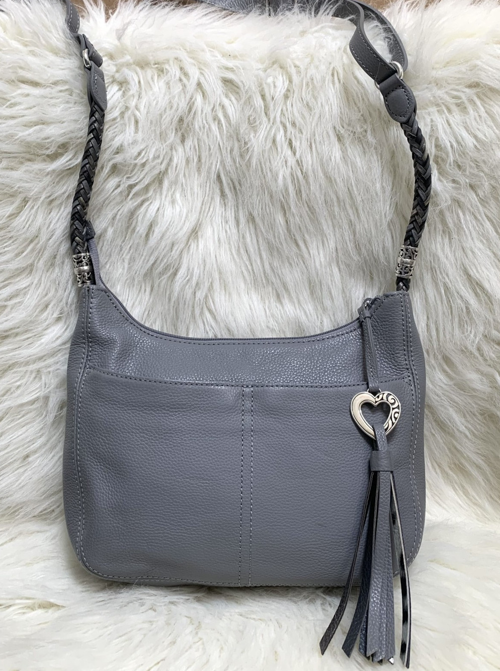BRIGHTON Slate Gray Pebbled Leather BABY BARBADOS Crossbody